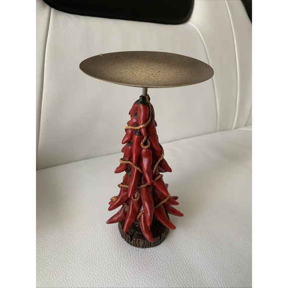 Red Chili Pepper Christmas Tree Pillar Candle Holder Southwest Holiday Decor - Picture 1 of 4